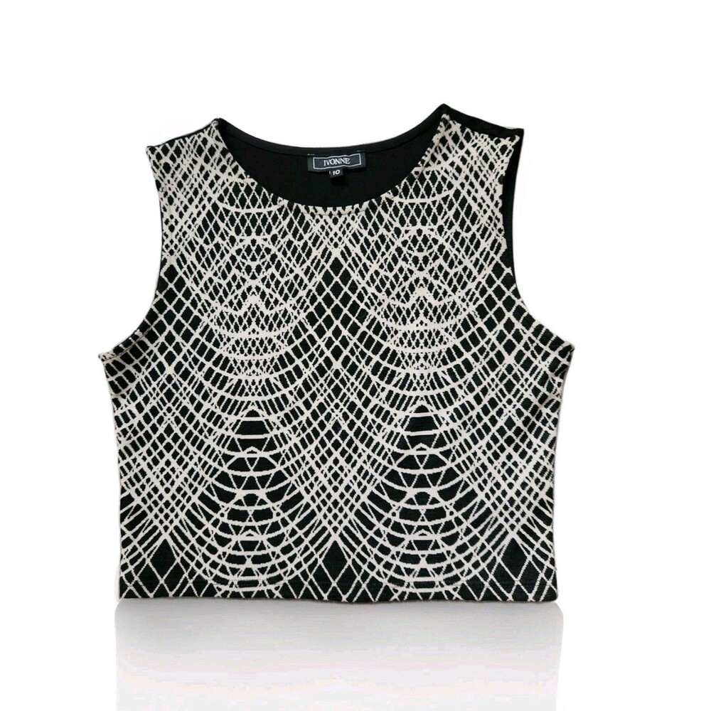 Ivonne Wool Blend Black Beige Geometric Print Sleeveless Crop Top Sz 10 EUC